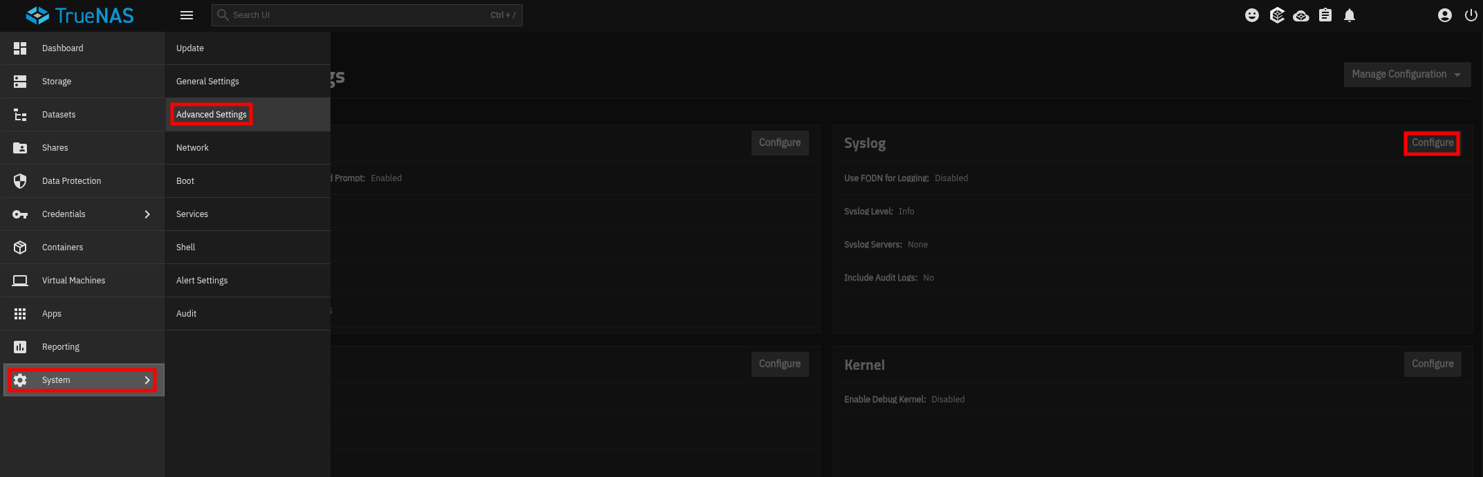 TrueNAS syslog settings